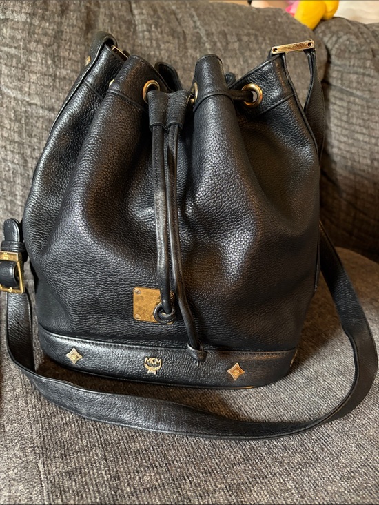 MCM Black Pebbled Leather Drawstring Shoulder Bucket Bag with Gold Hardware main image 2